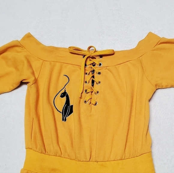 VINTAGE 90s-Y2K Baby Phat Mustard Yellow Gold Spell Out Off-Shoulder Jumpsuit M - Picture 5 of 16